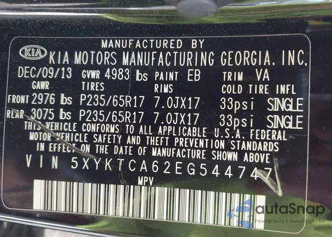 2014 Kia Sorento Lx z USA, uszkodzony, nr VIN 5XYKTCA62EG544747